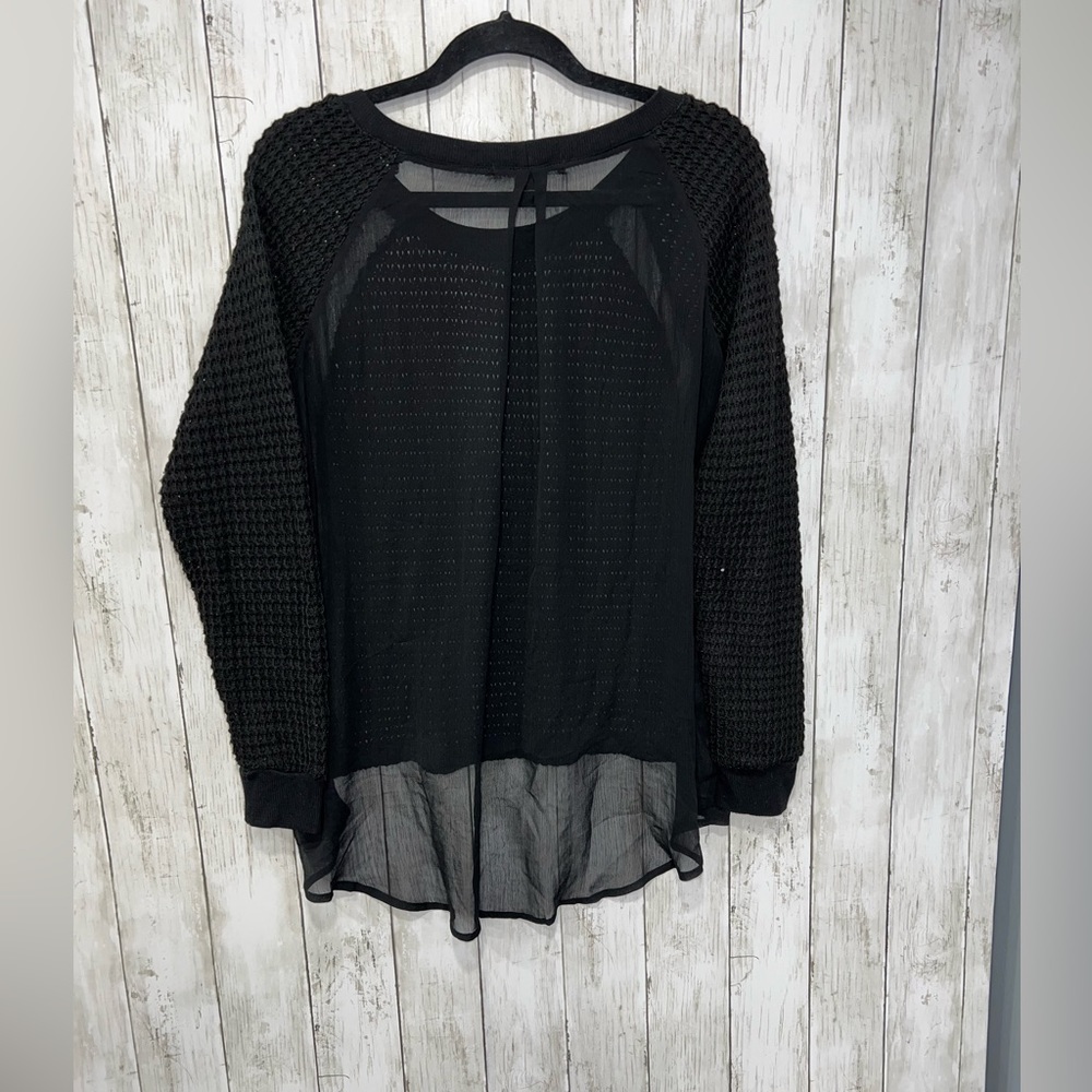 Sanctuary Knit Mesh See Through Long Sleeve Blouse High Low Tunic Black Medium